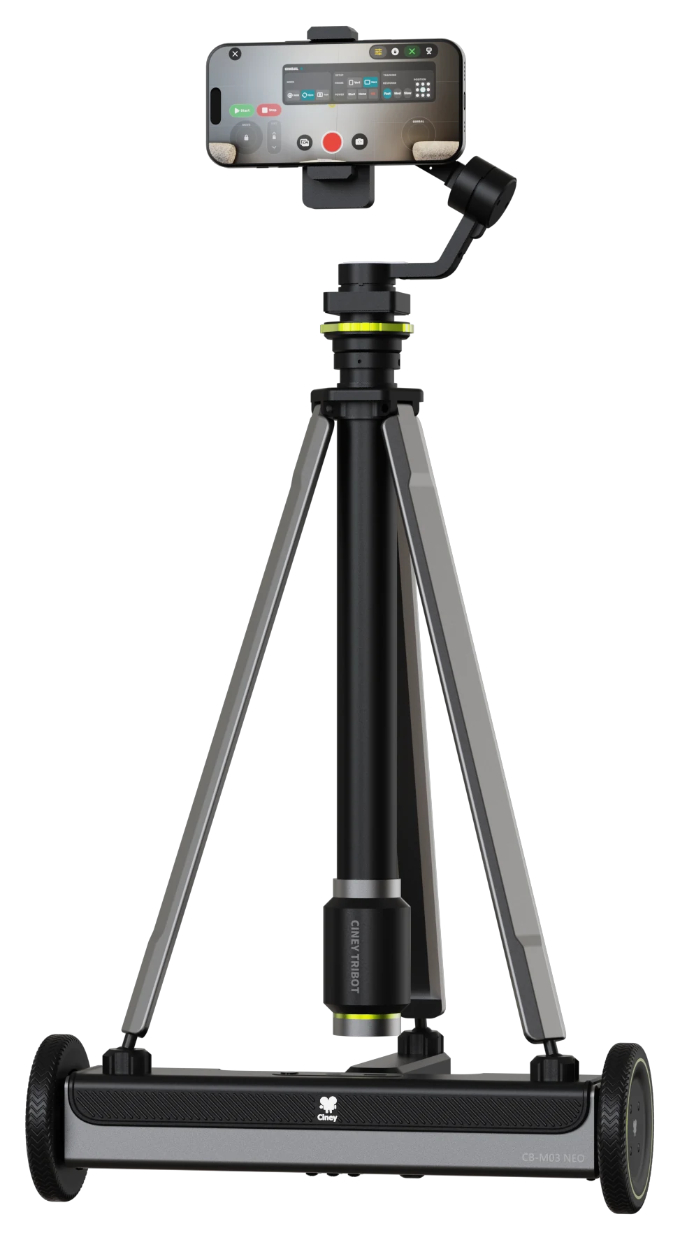 Tribot with its folding tripod, phone gimbal and three-wheel base