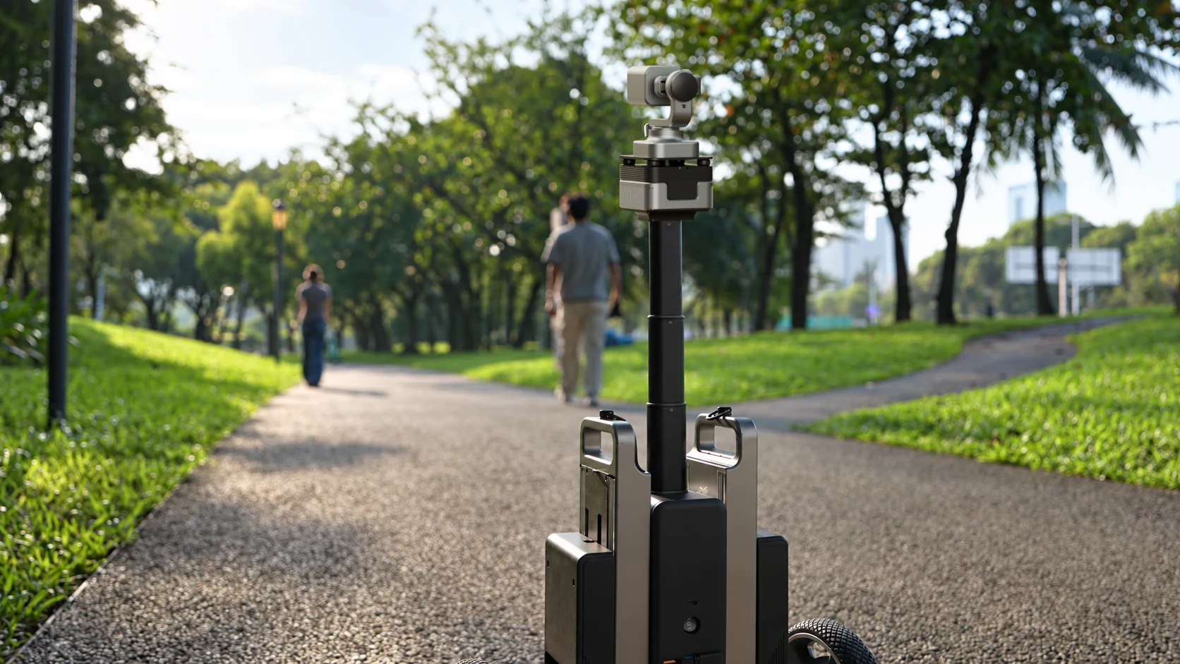 CineyBot in the foreground of a sunlit park path, with people walking in the distance